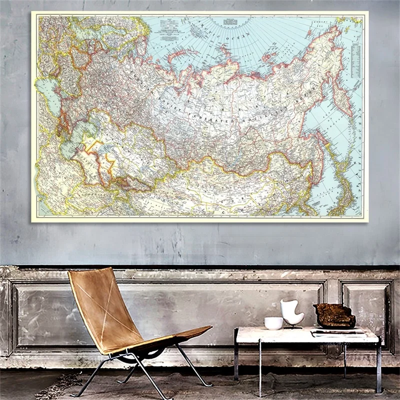 Peta Dunia Antik 90*60Cm Poster Antik Lukisan Retro Peta Rusia 1944 Dekorasi Rumah Peta Dunia Gambar Stiker Dinding