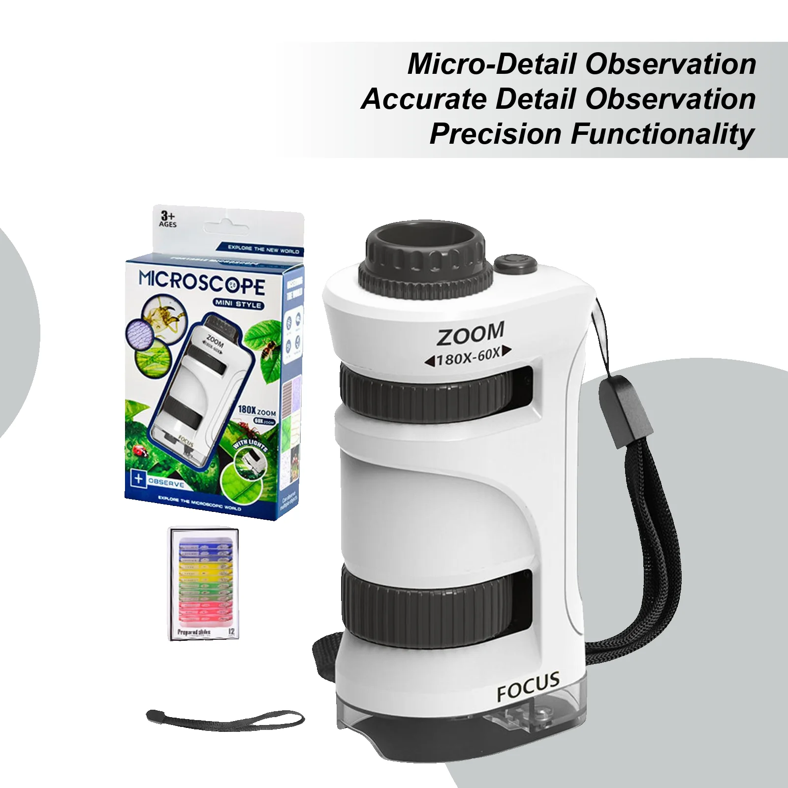 Microscópio infantil com zoom 60-80X, microscópio de ampliação infantil com 12 peças de slides, brinquedo científico educacional para acampamento, escola