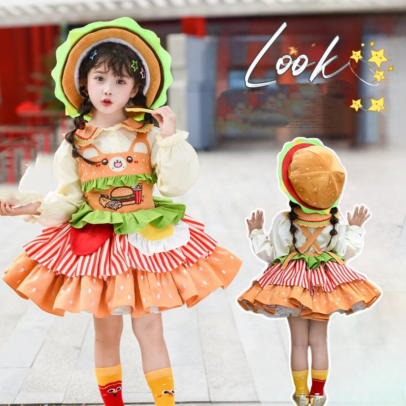 

Baby Girls Stage Performance Dress Kid Birthday Dress Child Hamburger Skirt Princess Lolita Dress Little Girl Dresses Size 2-11Y