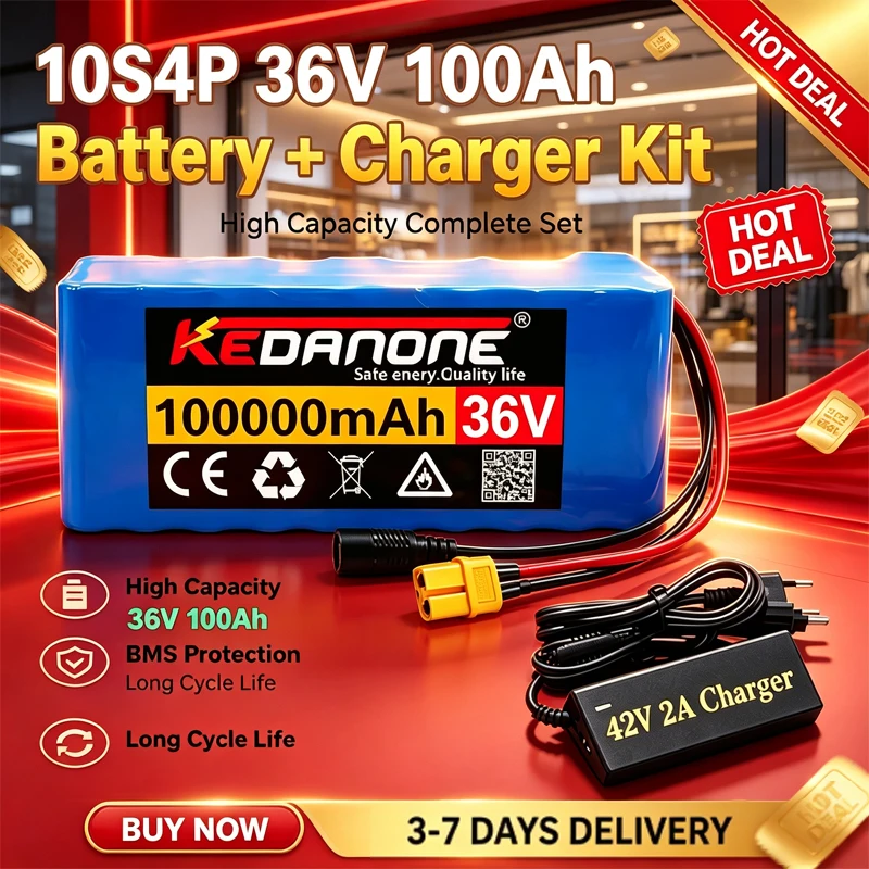 Wiederaufladbarer Akku 36V 10s4p 100Ah 1000W Große Kapazität 18650 Lithium-Akkupack für Elektromotorrad und -roller mit BMS T+DC-Stecker +42V Ladegerät