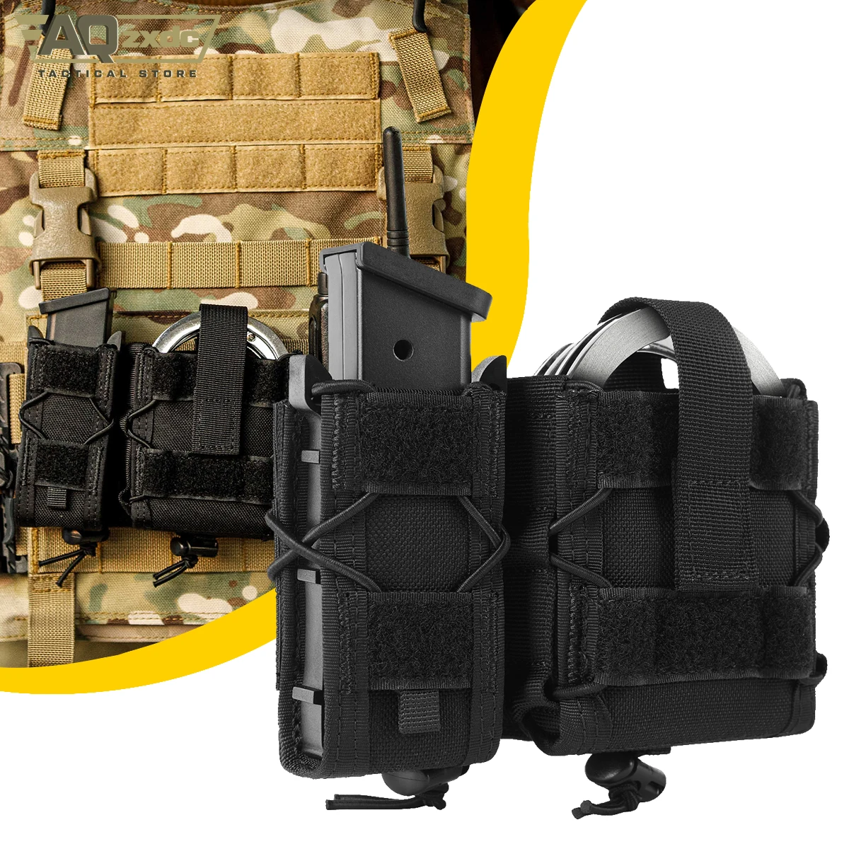 Molle Handcuff Pouch and Pistol Holster, Open - Top 9MM Magazine and Handcuff Holster, Quick Release Holster for MOLLE Belt/Vest