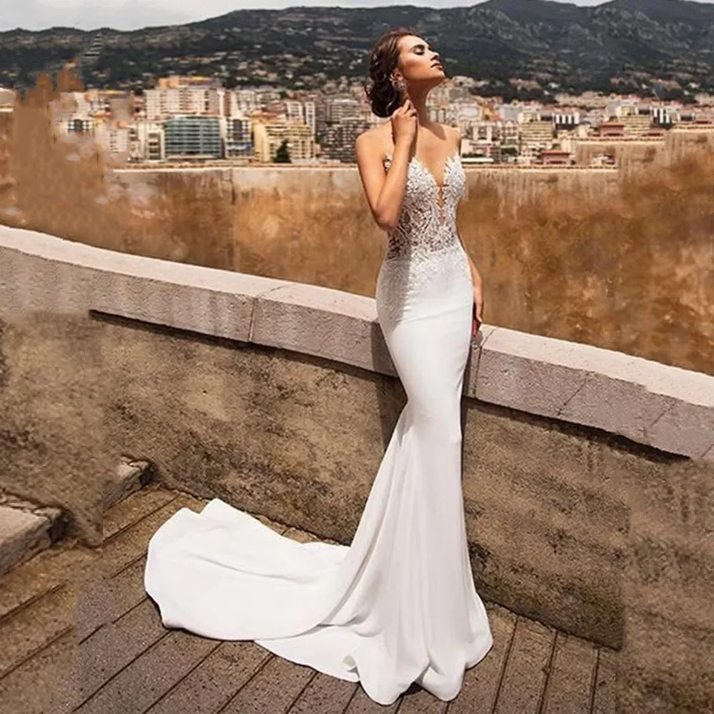 Vestidos De Novia De sirena con espalda descubierta para mujer, traje Sexy con apliques De encaje y cuello en V, color blanco, 2023