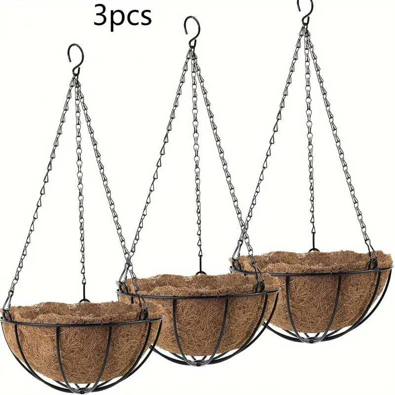 

‌3 Pack Hanging Flower Pots - 10" Metal Basket w/ Coconut Liner, Rustproof Chains for Indoor/Outdoor Garden, Porch & Balcony