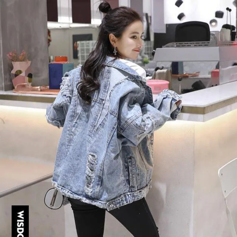 Fried Street Hole Denim Jacket Women's New Spring  Autumn Cowboy Jackets Female Outerwear Fashion Loose Casual Jacket Streetwear