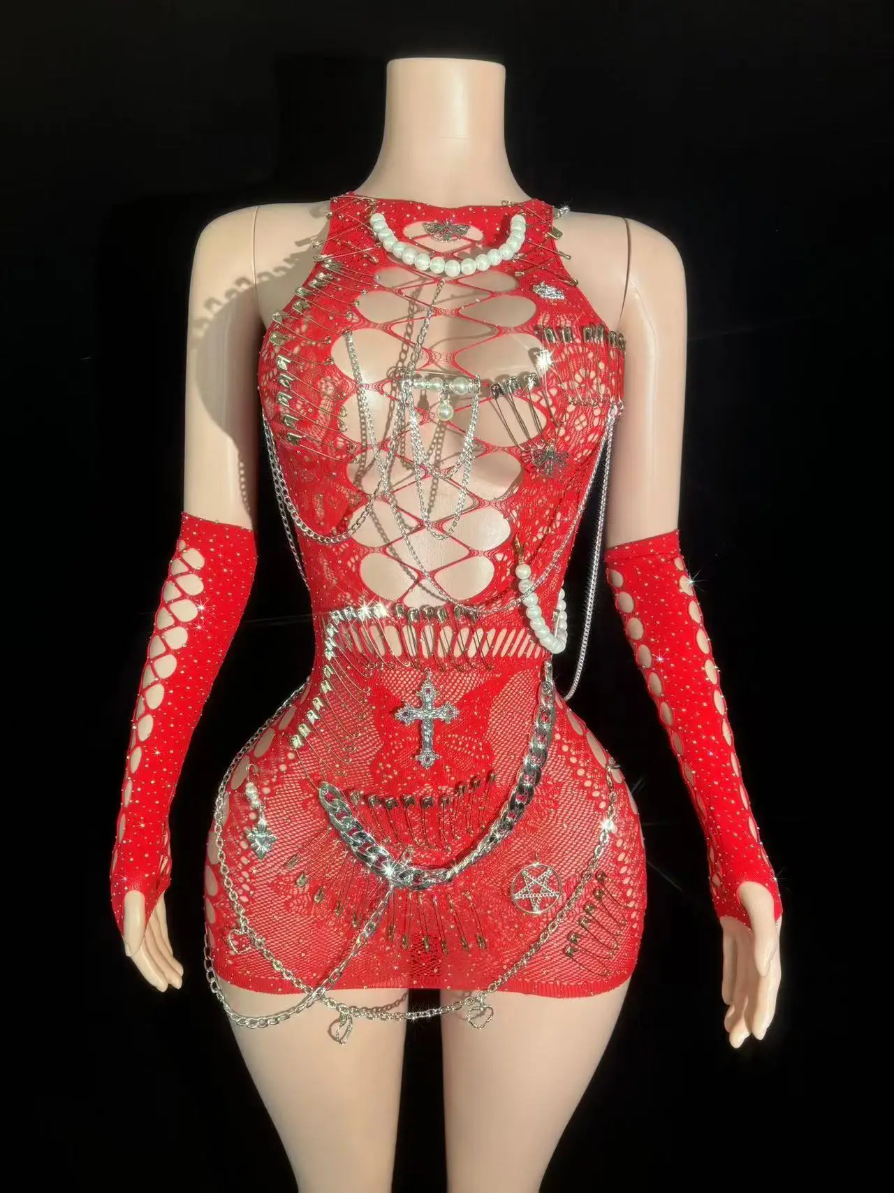 Women Sparkling Metal Chain Sleeveless Cut Out Bodycon Bodysuit Celebrity Nightclub Bar Party Stage Performance Photoshoot Dress