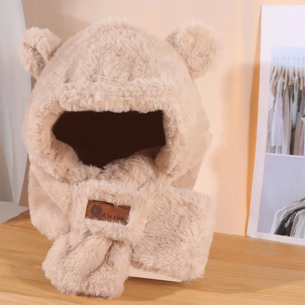 

Lovely Winter Baby Bear Plush Hat Soft Warm Faux Fur One-Piece Hat Scarf Windproof Outdoor Ear Protection Hats Kids