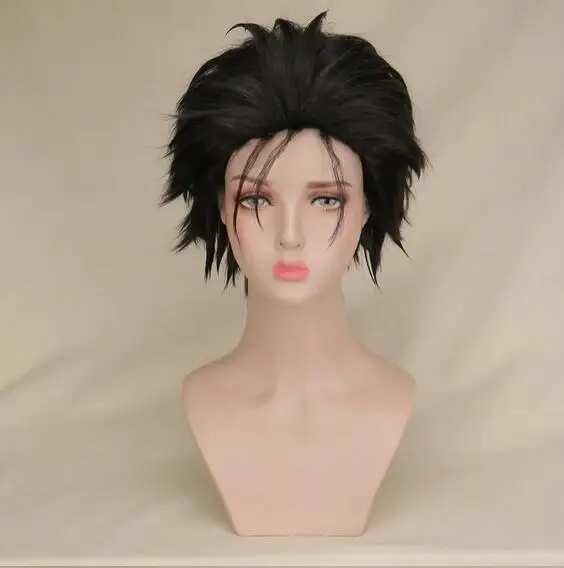 Wig Cosplay pendek Pria, rambut palsu sintetik serat suhu 100% tinggi hitam