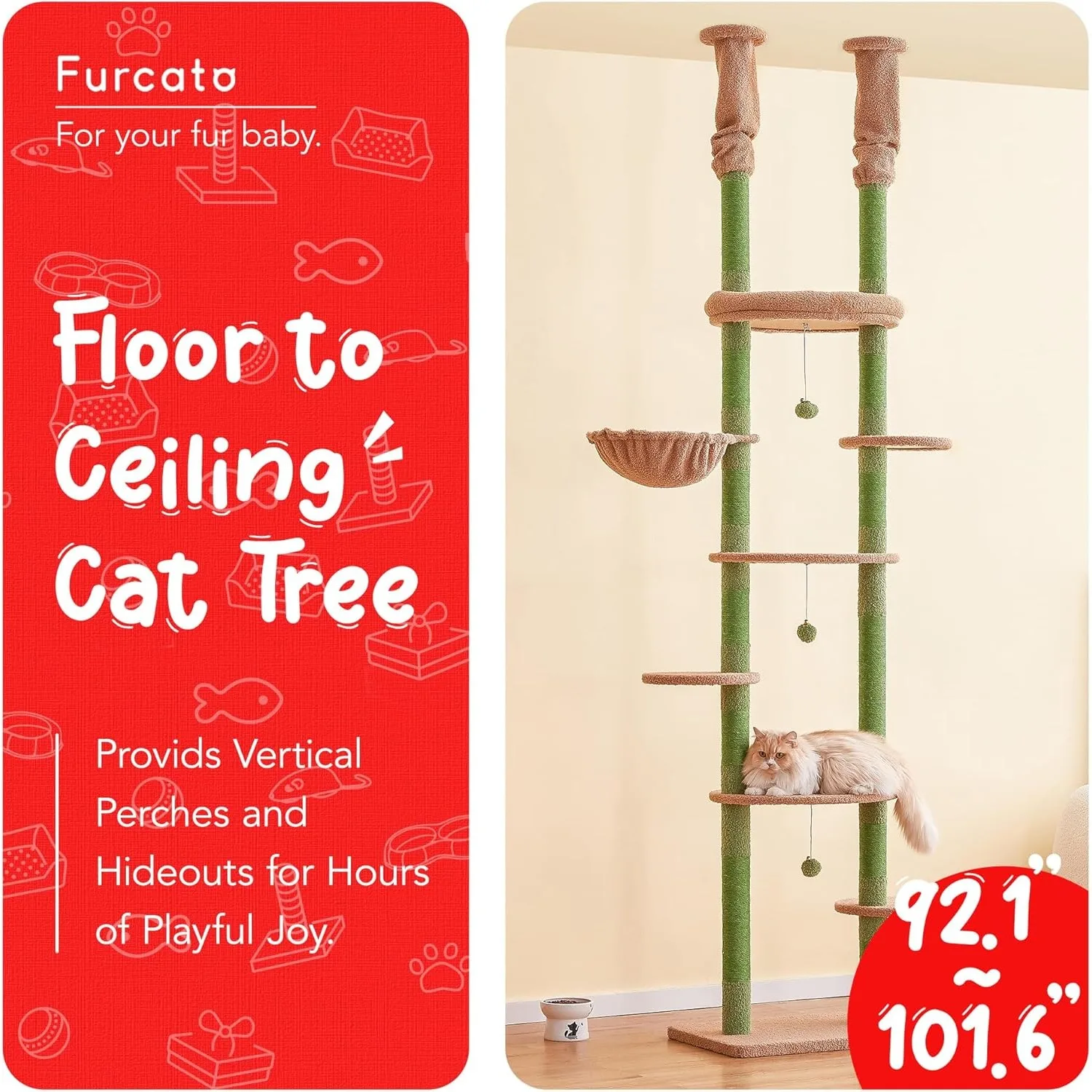 Green Cat Tree, Floor to Ceiling Cat Tower Adjustable Height [92-102 Inches=234-258cm], 7 Tiers Cat Climbing Tree with Hammock