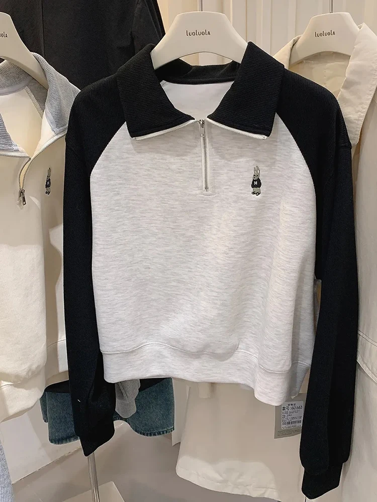 Neue Frauen Halb Zipper Kontrast Kragen mit Fleece Hoodie Herbst Winter Koreanische Casual Stickerei Pullover frauen Lose Top