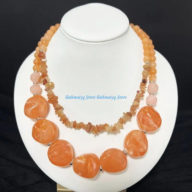 573B Trendy Two Layer Collarbone Chain With Gemstones Effect Acrylic Beads For Women