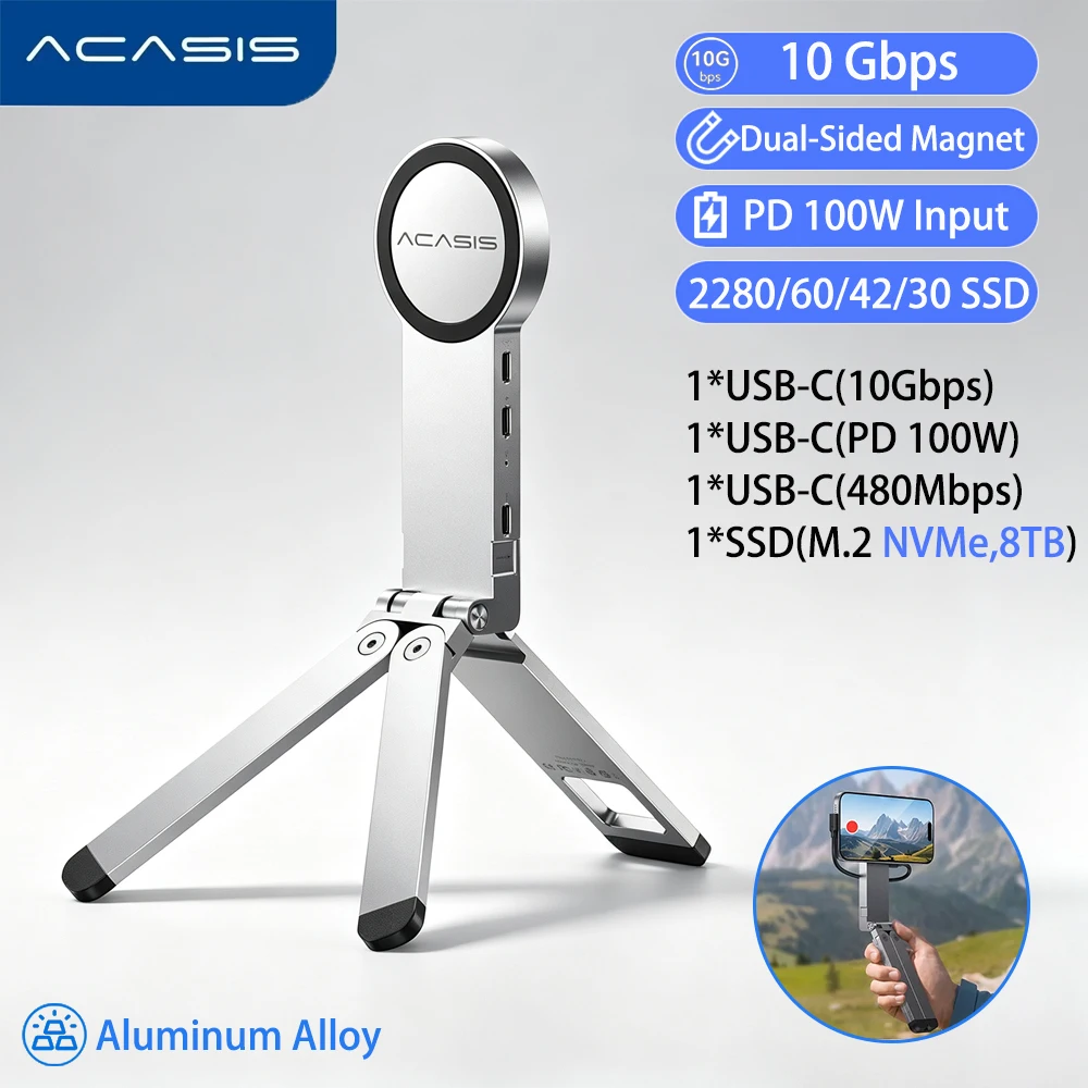 Acasis Magnetic Foldable Phone Stand M.2 NVMe SSD Enclosure 10Gbps PD 100W Charging 8TB Aluminum For iPhone 15 16 17 18 Pro Max