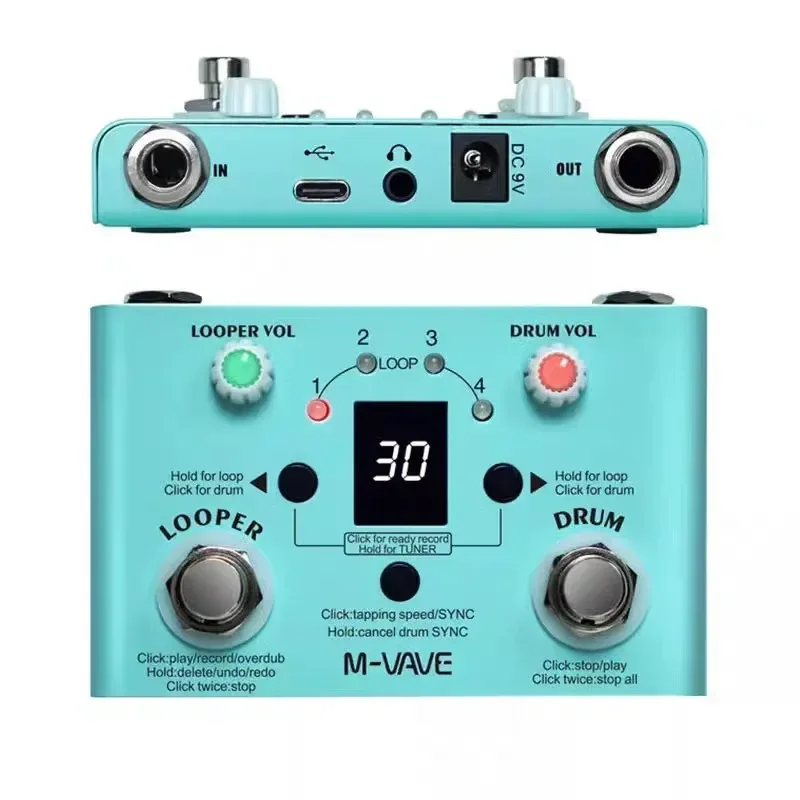 M-VAVE Lost Tempo Drum Machines & Looper Pedal - 4-Mode Tuner/Drum, 30 Presets, 11 Mins Recoding Time,for Guitar/Bass Effects