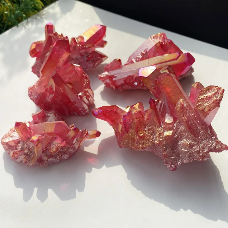 Natural Crystal Cluster Red Angel Aura Quartz Electroplating Titanium Specimens Stone Cured Coating Healing Crystals