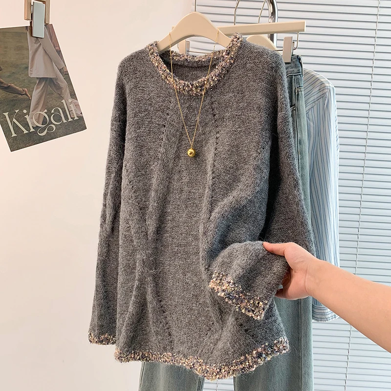 سترة غير رسمية للنساء 2025 جديدة بأكمام طويلة ورقبة دائرية بلوفرات متماسكة دافئة لخريف وشتاء ملابس كورية