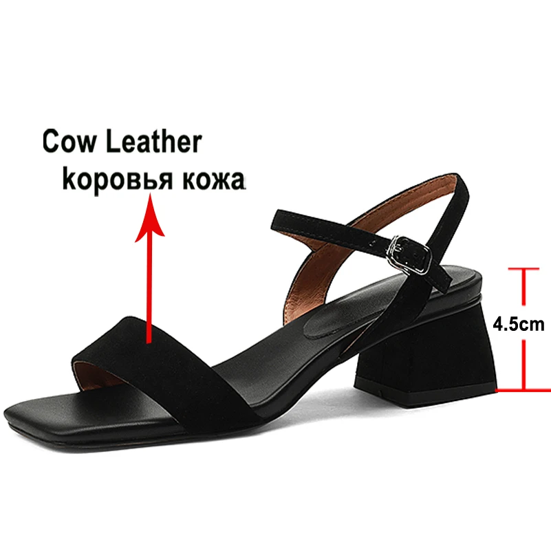 Meotina Women Shoes Genuine Leather Sandals Thick Heel Sandals Mid Heels Buckle Ladies Footwear 2022 Summer Red 40 Kid Suede