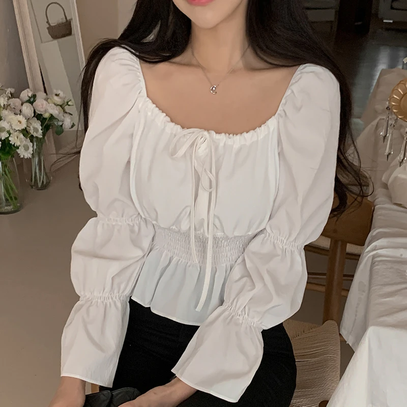 

Retro Square Collar Bubble Sleeve Shirt Women's Slim Fit Long Sleeve Gentle Style Polka Dot Print Casual Business Shirt