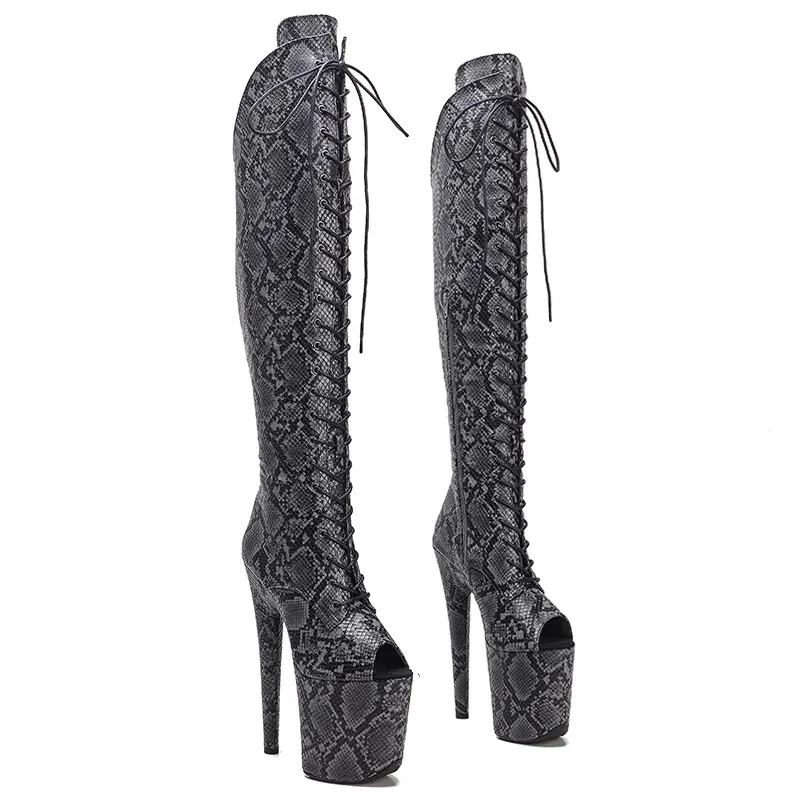 

New Fashion Women 20CM/8inches Snake Grain PU Upper Plating Platform Sexy High Heels Thigh High Boots Pole Dance Shoes 360