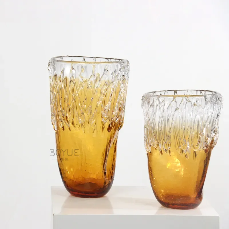 Amber Glass Vase Modern Retro Light Luxury Home Decor Living Room Flower Arrangement Ornament For Office Hotel Model Room
