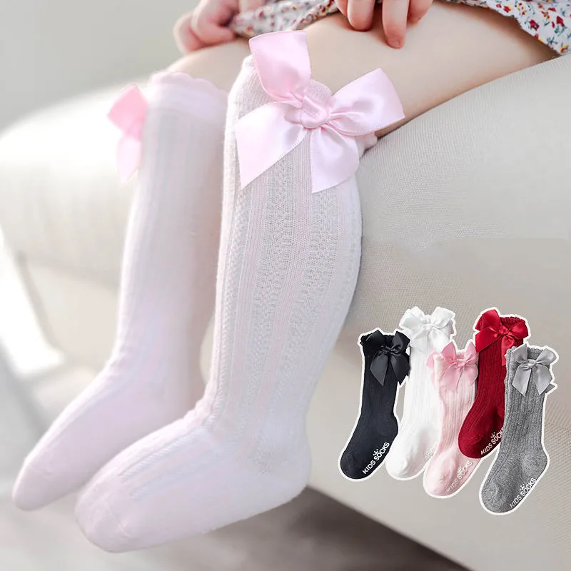 New Brand Toddlers Girls Socks Baby Bow Long Sock Kids Knee High Cotton Mesh Spanish Style Children 0-3 Years Breathable Socks