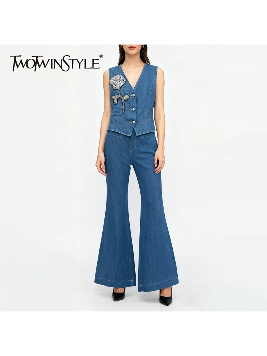 TWOTWINSTYLE Slimming Cowboy Two Piece Sets for Women V Neck Sleeveless Spliced Bead Top High Waist Pant Fashion Set Female New