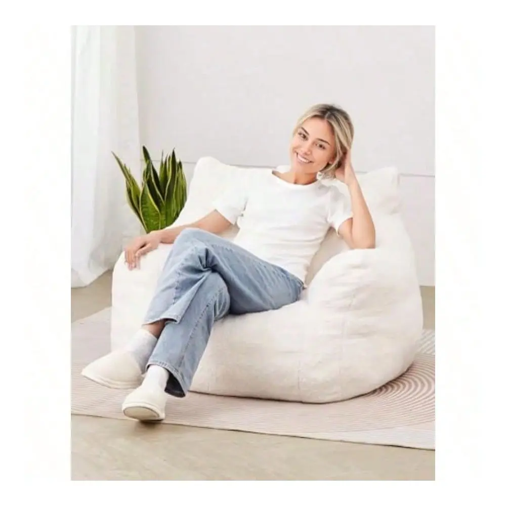 Bag Chair, 3 Feet Bean Bag Chair With Soft Armrests And Storage Pocket, 25D Memory Foam Filled With Soft Teddy Velvet Cover, Be