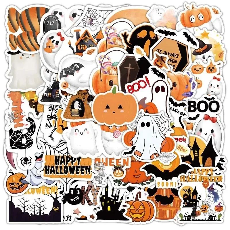50pcs Halloween Sticker Pack Cartoon Horror Theme Stickers Pumpkin Ghost Witch For Kids Party Supplies