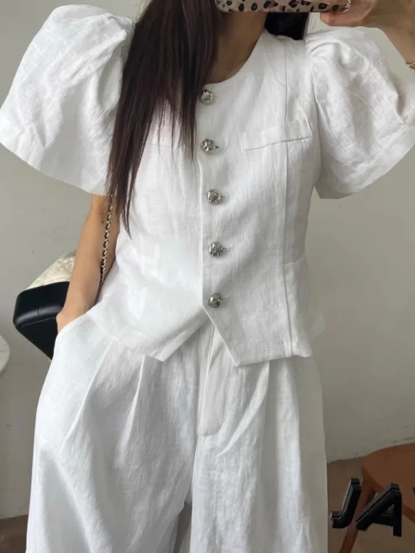 

Women's Cotton Linen Bubble Sve irt Top round Ne Waist Cinching Slimming Two Button Elastic Waist Wide Leg Pants Set
