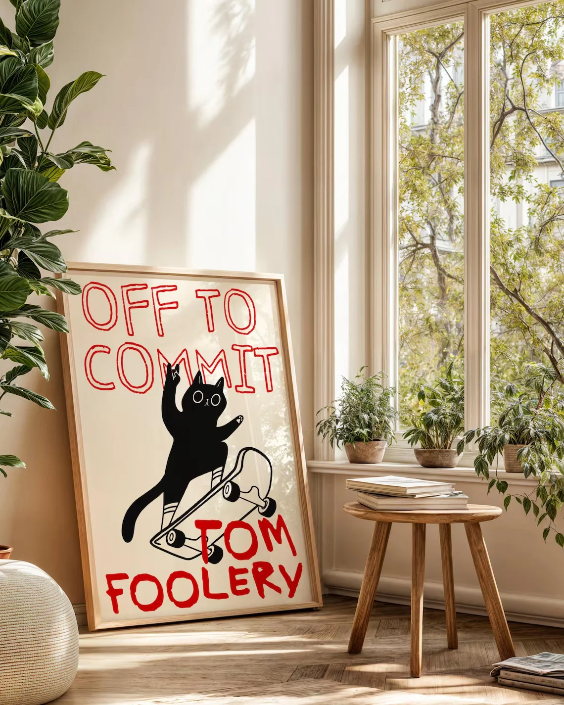 Off To Commit Tomfoolery Digital Art Print Lustige schwarze Katze auf Skateboard Poster Katzenliebhaber Poster Silly Cat Art Schwarze und rote Kunst