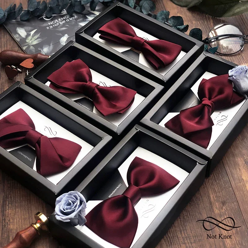 Notknot high-end wedding bridegroom best man Burgundy Red British bow solid color men's bow tie