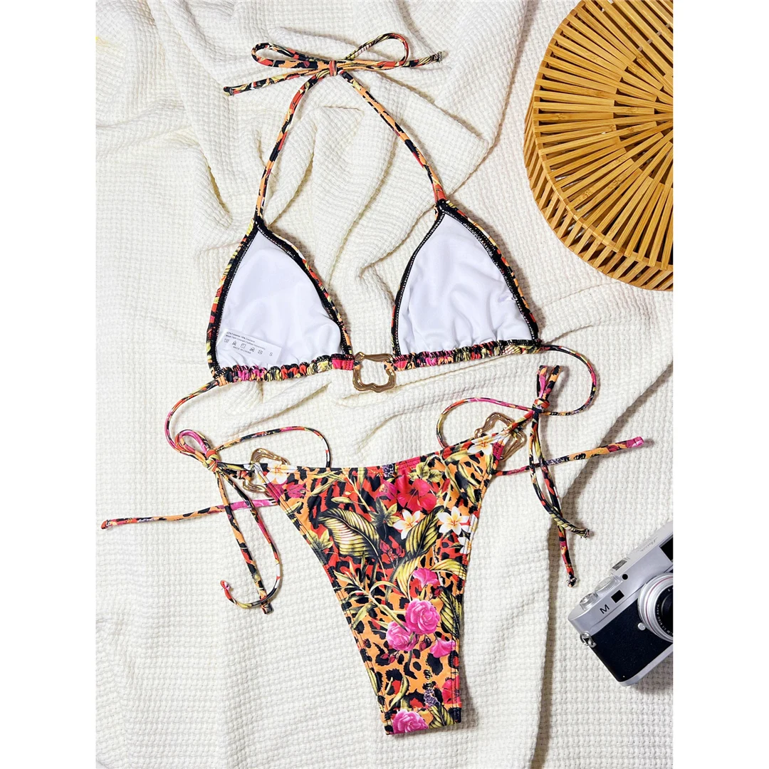 Leopard-Blumen-Halterneck-Bikini mit hohem Beinausschnitt, Damen-Badeanzug, zweiteiliges Bikini-Set, Badebekleidung, Badeanzug, Schwimmbekleidung V6270 – Detail 12