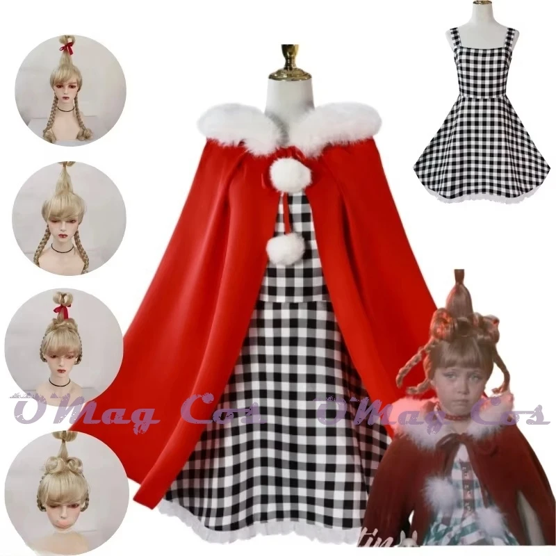 Anime cindy lou cosplay traje cindy xadrez vestido manto vermelho roupa peruca loira feminino crianças festa de halloween terno presente de natal