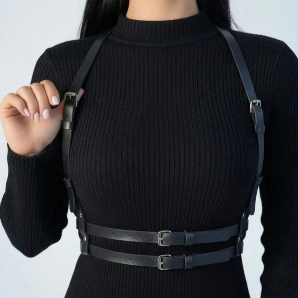 Women Adjustable PU Leather Harness Belt with Buckle Details Multifunctional Fashion Accessory for Tops and Dresses