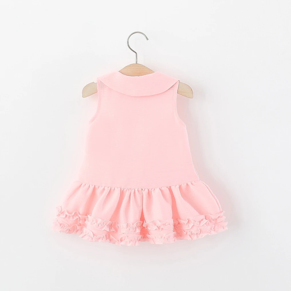 Toddler Girl Pink Sleeveless Dress Sweet Bow Accents Ruffle Hem Doll Collar Dress Girls Summer Outing Clothing