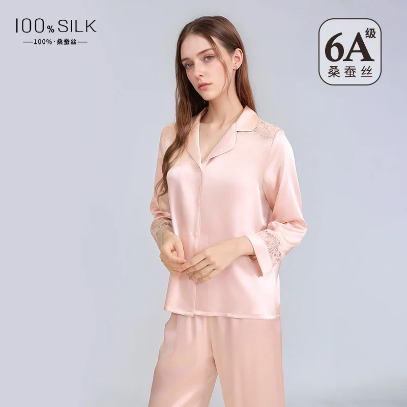 

Women's Spring Summer Pure Silk Pajamas Set V Neck Short Sleeve Button up Solid Color Elegant Sleepwear Home Loungewear