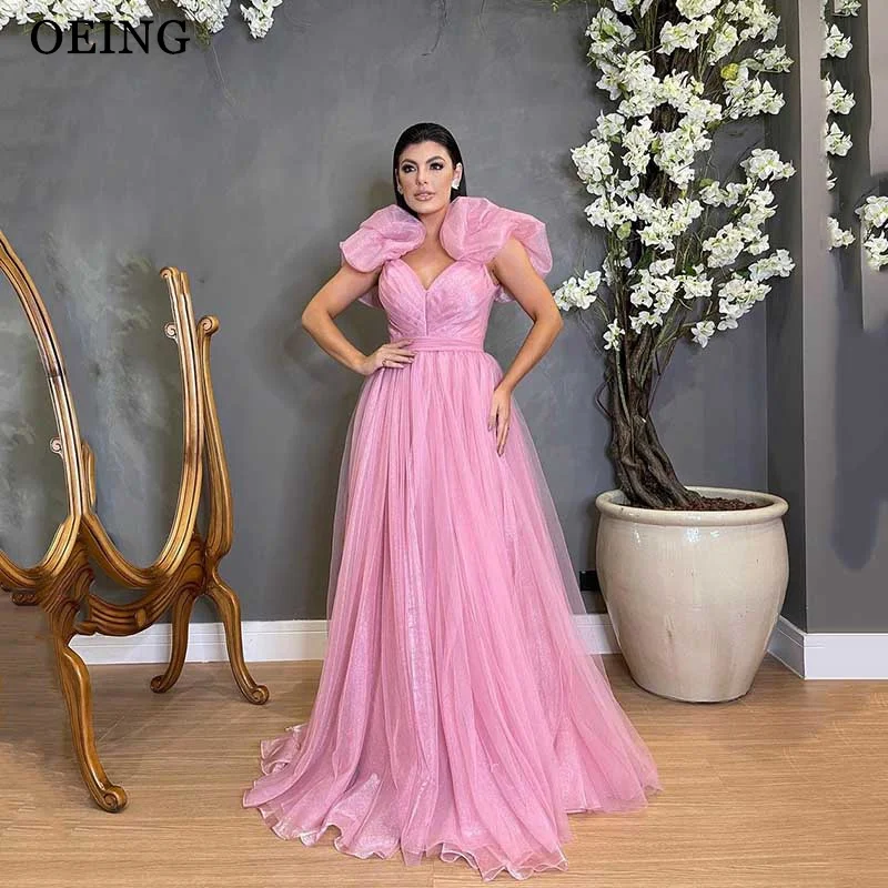 

OEING Pink Evening Dresses Elegant Ruffles Suspender Pleated Tulle Tiered A-Line Prom Dress Formal Gowns Vestidos De Fiesta