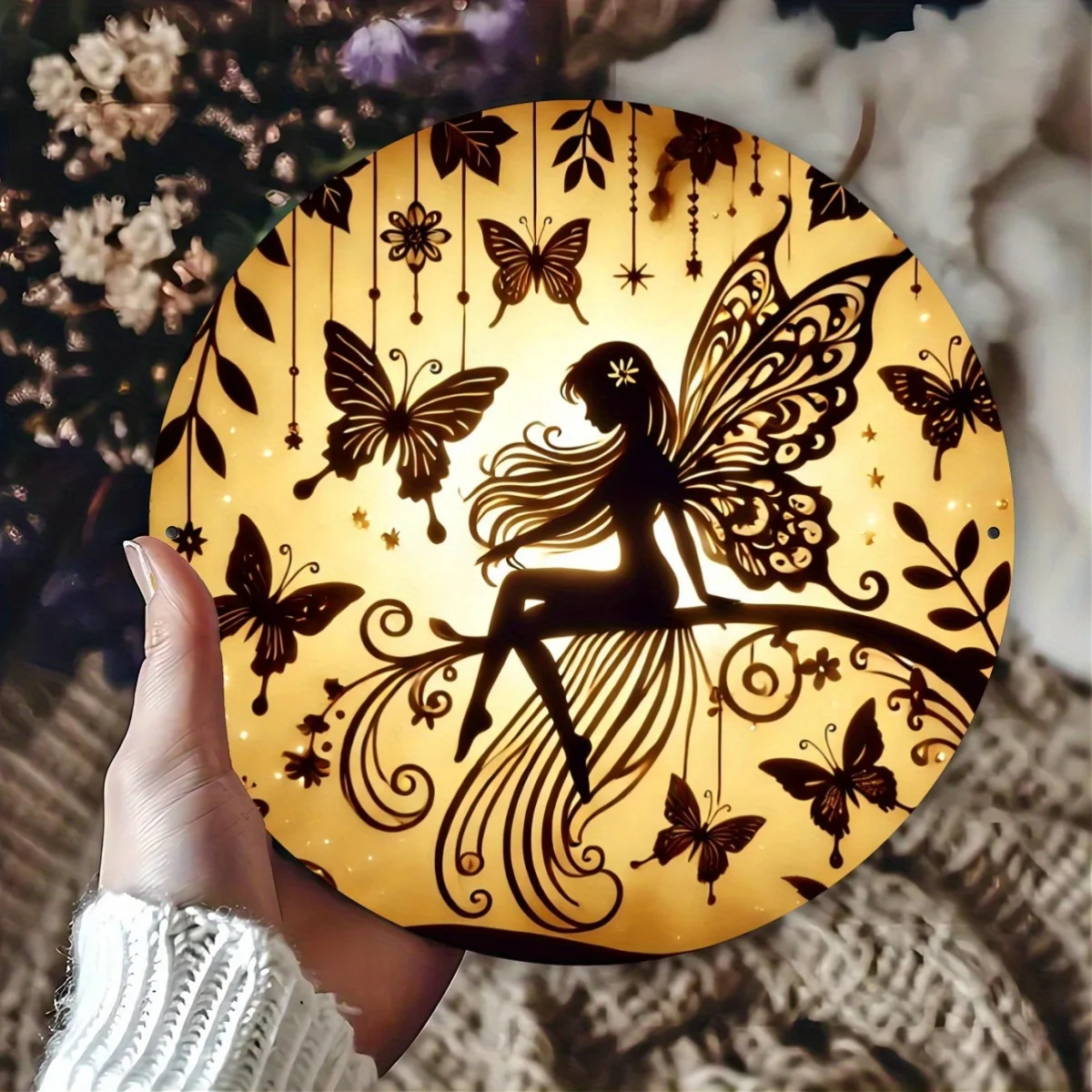 A Magical Garden Fairy and Butterfly Metal Tin Sign, 19.99x19.99 cm Engraved Foil Artwork, Suitable for Bedroom, Kitchen, Dining