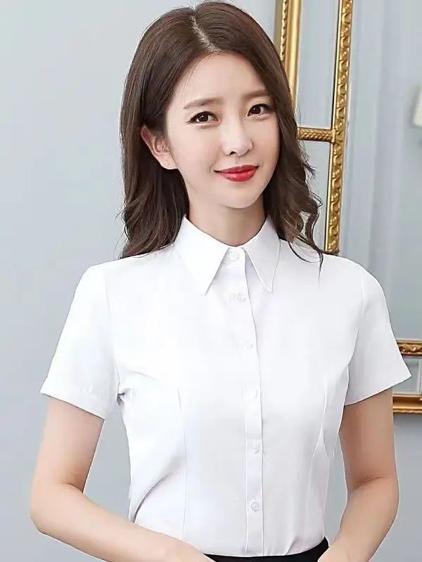 Nova Csa Branca de Manga Curta Fena, Roupa Profissional Formal para Trabalho, Conjunto de Verão em Fibra de Poliéster,...