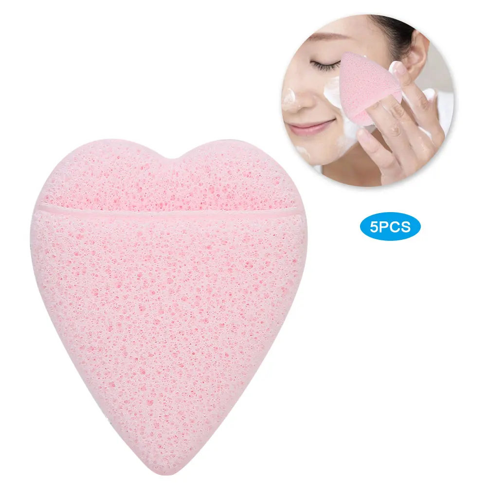 5pcs Heart Shaped Face Cleaning Sponge Exfoliating Makeup Removal Face Washing Pads Face Puff