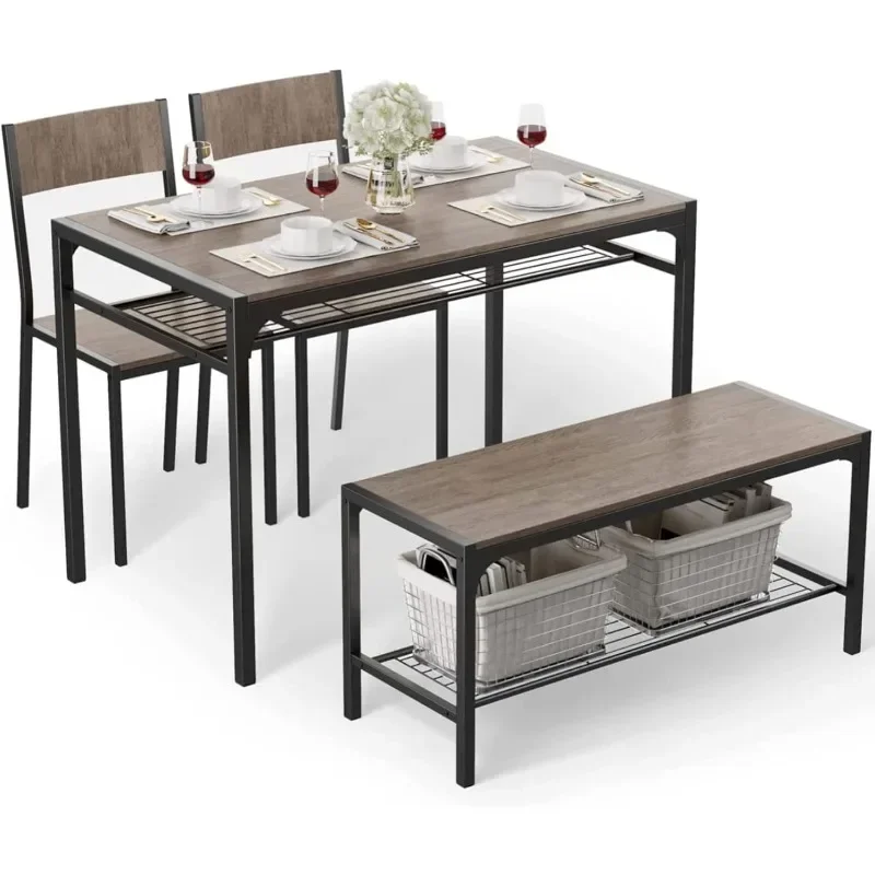 Gizoon Kitchen Table and 2 Chairs for 4 with Bench, 4 Piece Dining Table Set for Small Space, Apartment