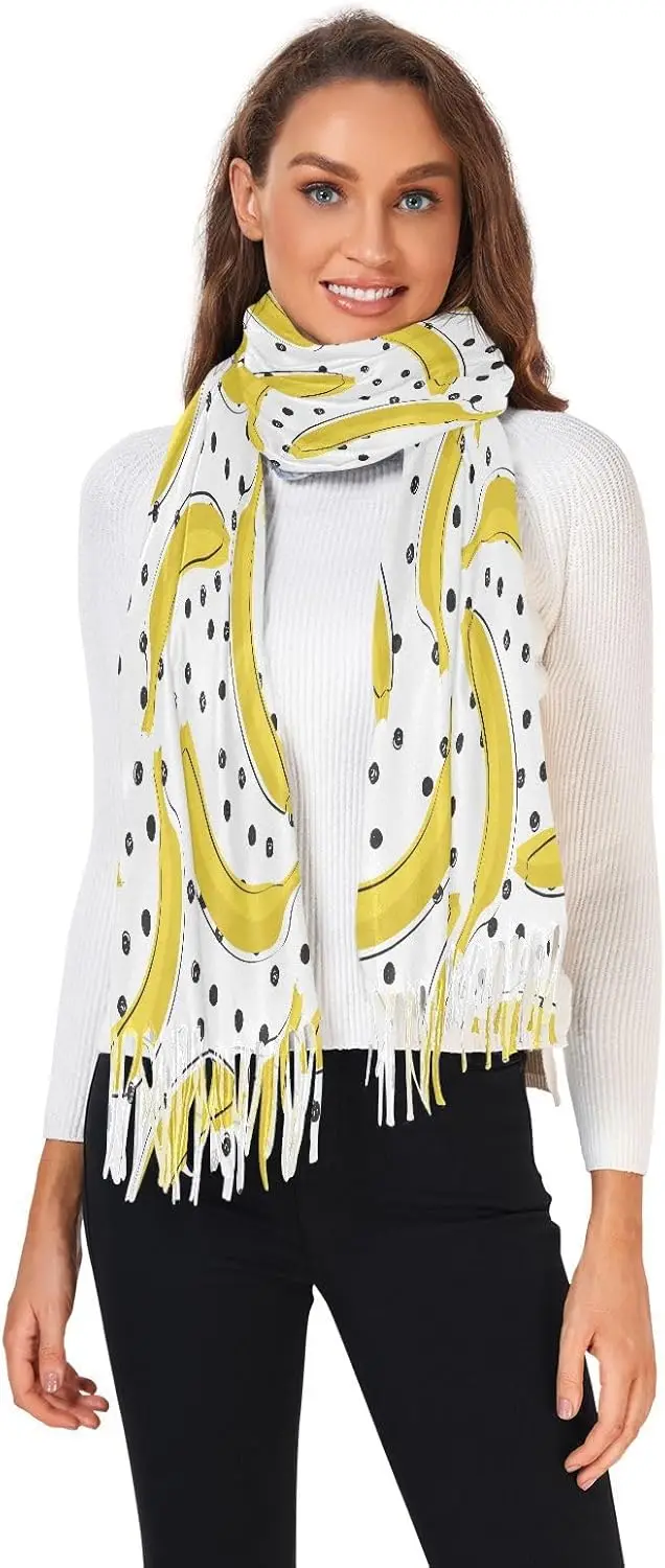 Polkat Dots and Banana Winter Scarves for Women Cold Weather with Tassels Cartoon Fruits Lightweight Keep Warm Soft Scarf