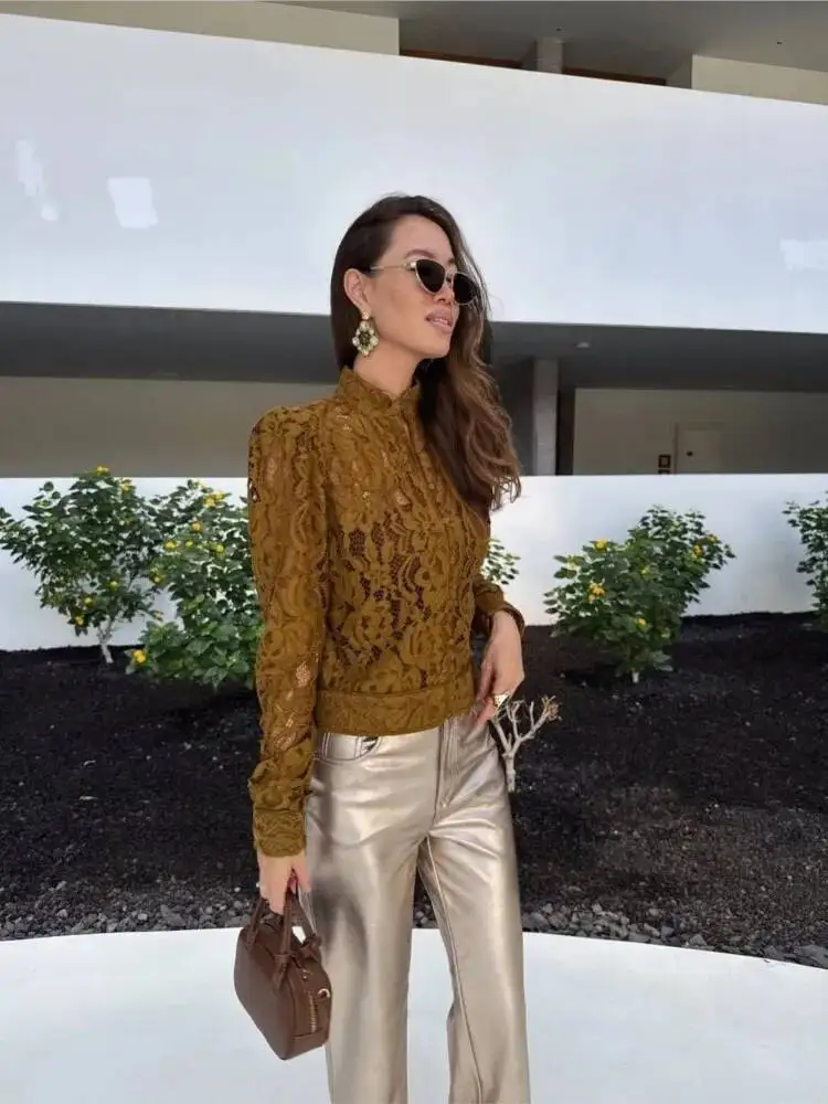 2026 Spring New See Through Lace Shirt Women Solid O Neck Long Sleeve Single Breasted Shirts Fashion New Female Blouse Tops