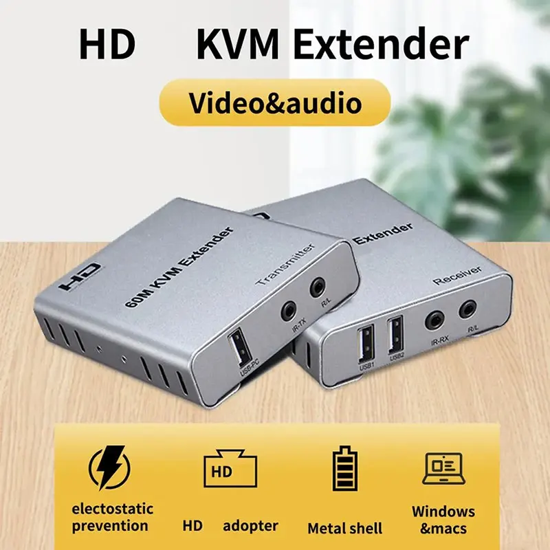 60M KVM Extender Over Ethernet Cat5e/6 Cable 1080P USB HDMI-compatible Extender with IR Audio Support Mouse Keyboard for PC DVR