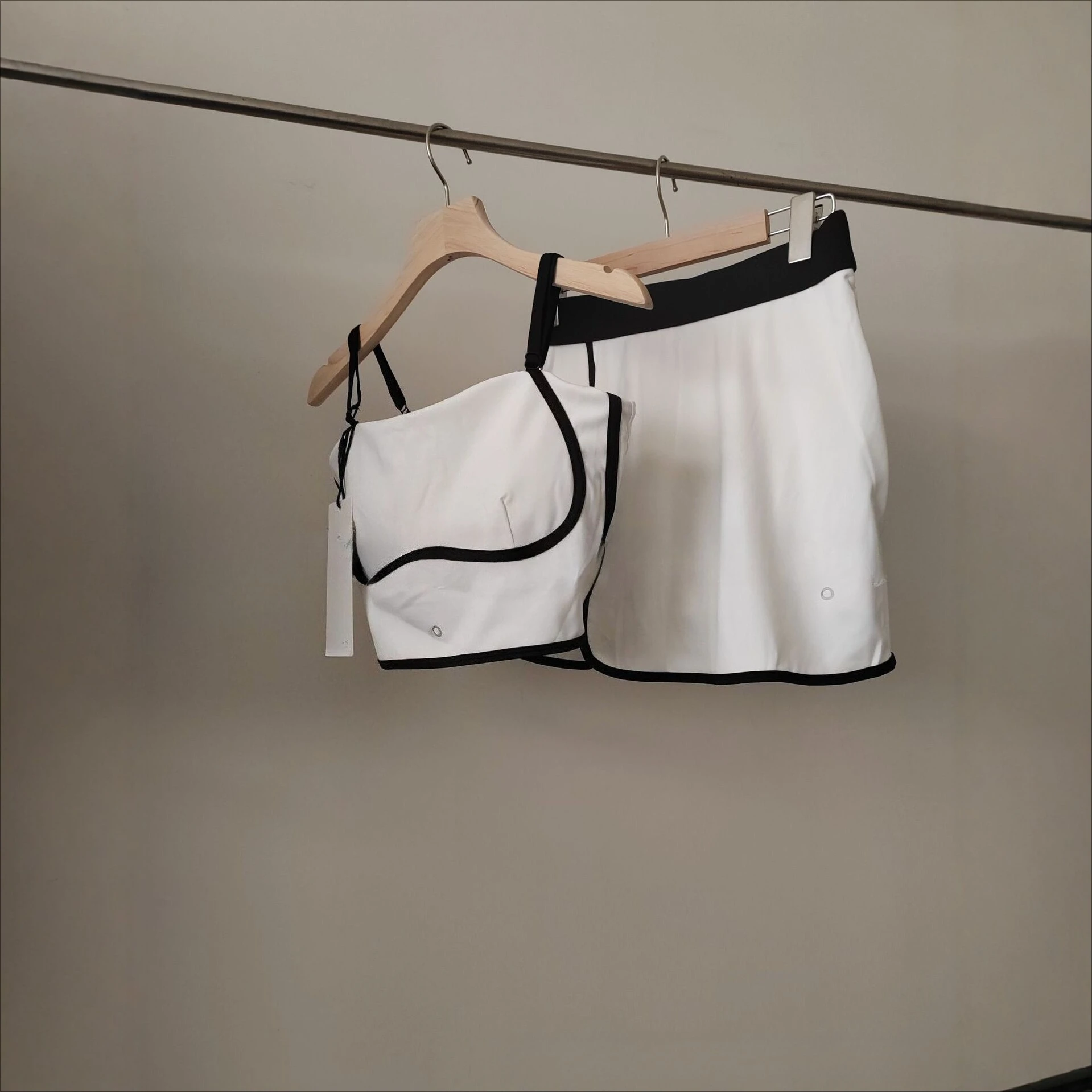 

Two-piece workout set, contrast-trim sports bra + high-waisted shorts