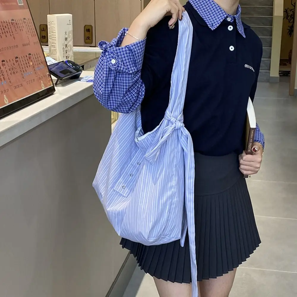Arco listrado lona sacola estilo literário estilo coreano lona hobo saco azul cor fresca grande capacidade axilas saco estudante