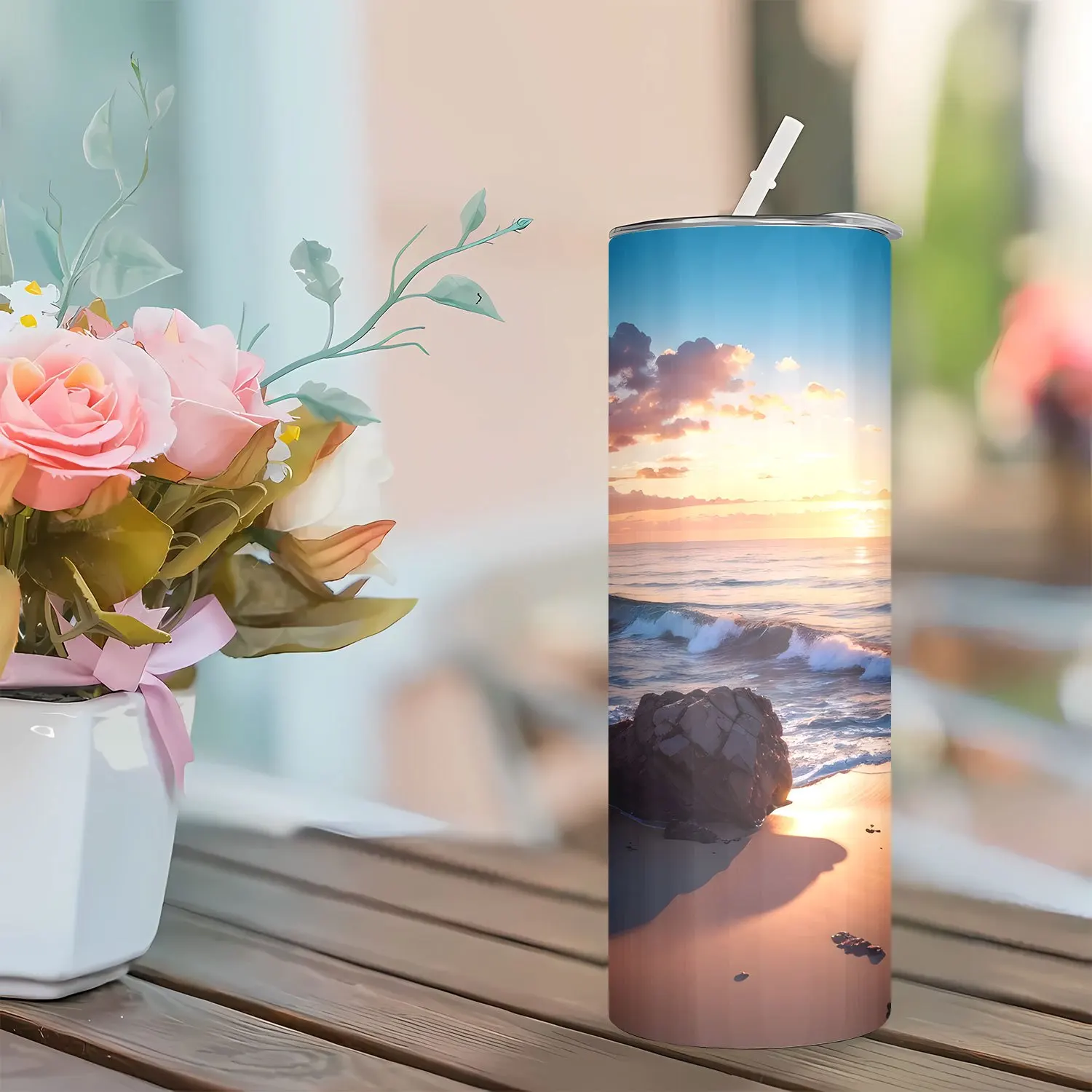 1pc 20oz Stainless Steel Tumbler, Vacuum Insulated Cup with Lid and Straw, Double-Walled, Handwash Only, Round, No PVC, Ideal for Home, Travel, Outdoor, Summer, Winter - Beach Sunset Design