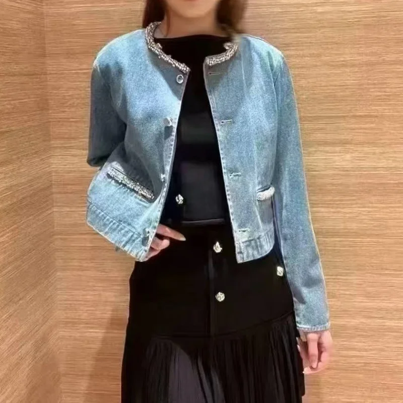 

Fall New Arrival Women's round Neck Diamond Embedded Retro Simple Single Button Denim Jacket High-Quality Fashion Commute Jacket