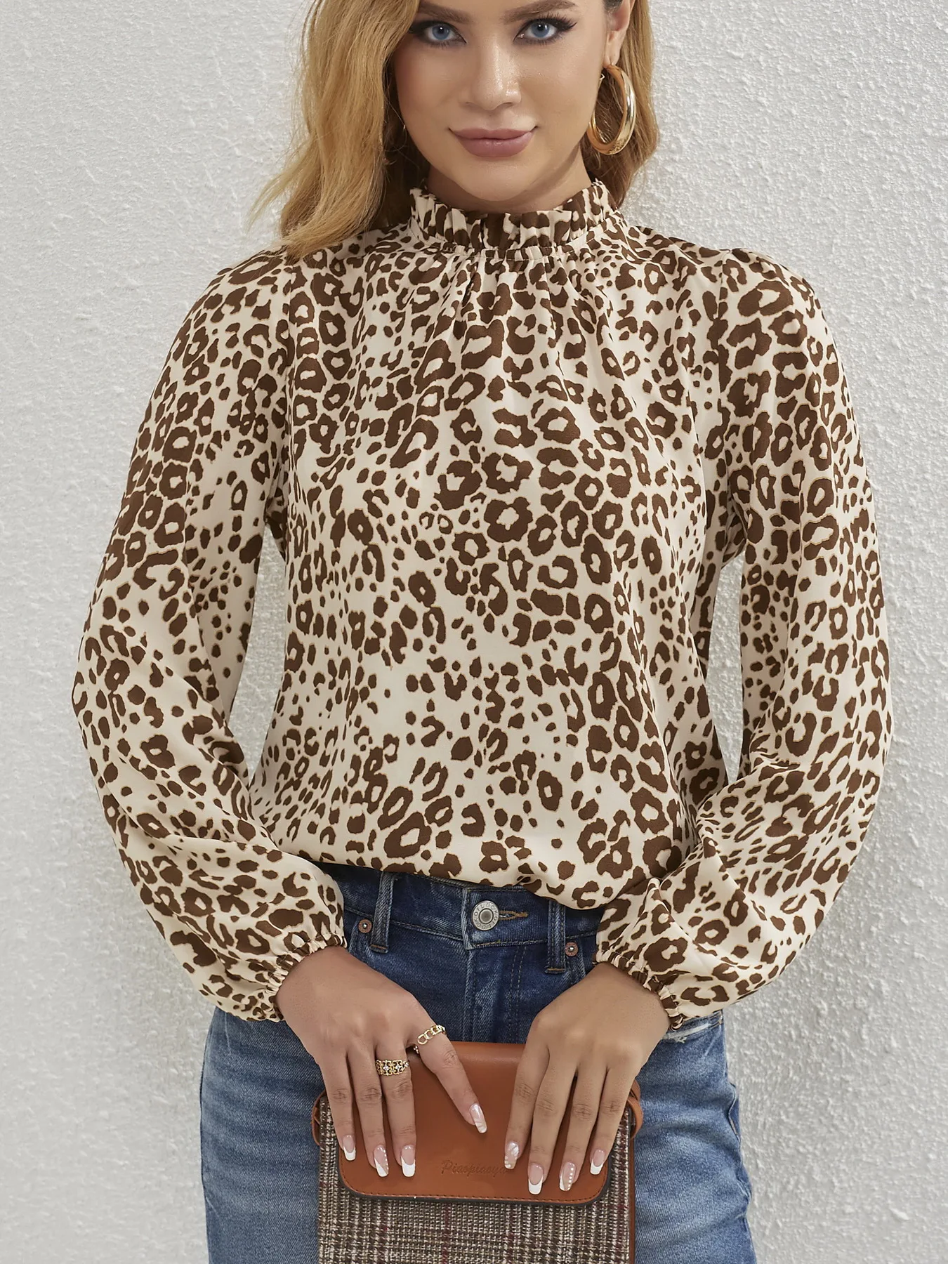 Women Leopard Print Frill Mock Neck Lantern Sleeve Blouse Ladies Long Sleeve Tops Shirts