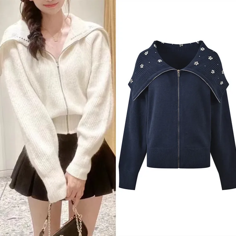 

High-End Version European Sle Water Diamond Decorated Zipper Jaet Casual Deep Blue Navy Collar Knitted Open Cardigan for ...