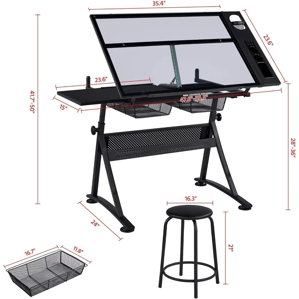 Escritorio artístico de altura ajustable con taburete, mesa artesanal multifuncional para artistas, tapa de vidrio inclinable para pintura de diamantes