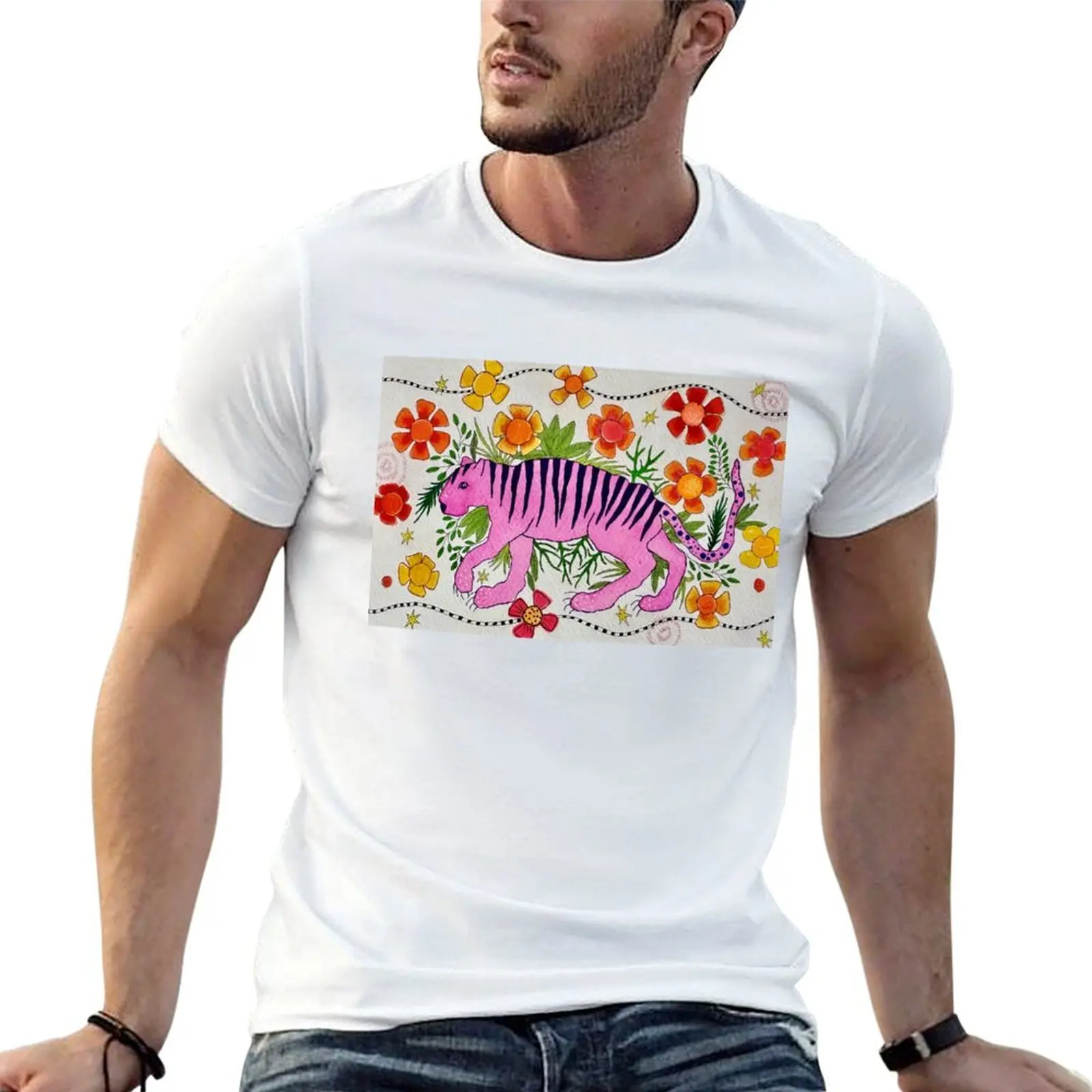 Pink Tiger with Flowers T-Shirt Man t-shirt customs design your own compression shirt men